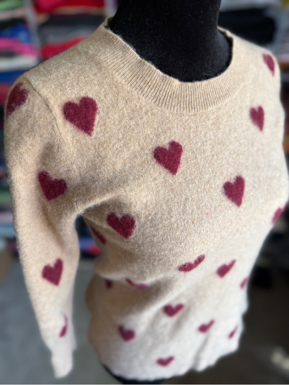 Beige Heart Pattern Crewneck Sweater - Pink Hearts
